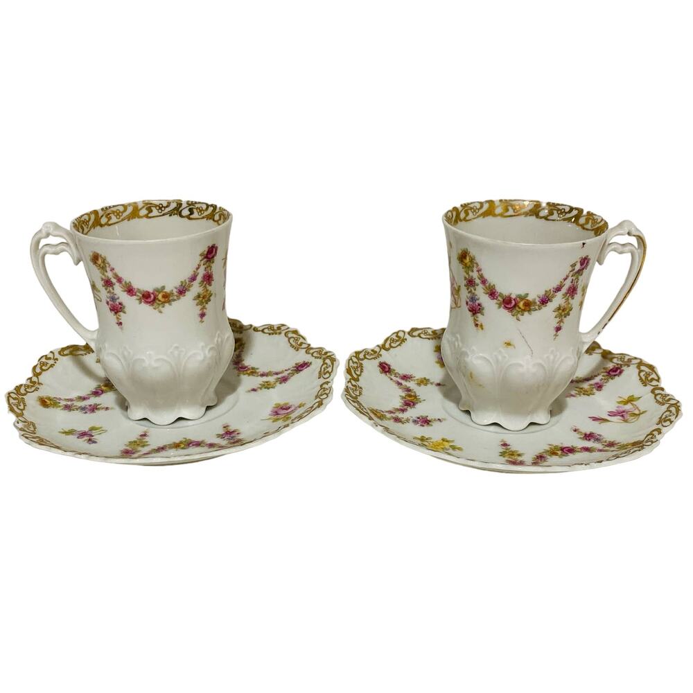 Vintage Carlsbad Austria porcelain demitasse tea cup & saucer sets (2) pink rose